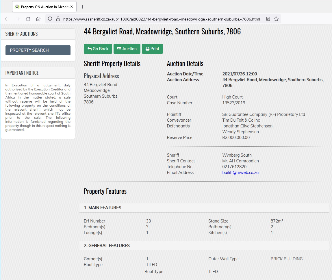 Jonathan Clive Stephenson - Sale In Execution Order of Judgement 26 Oct 2021